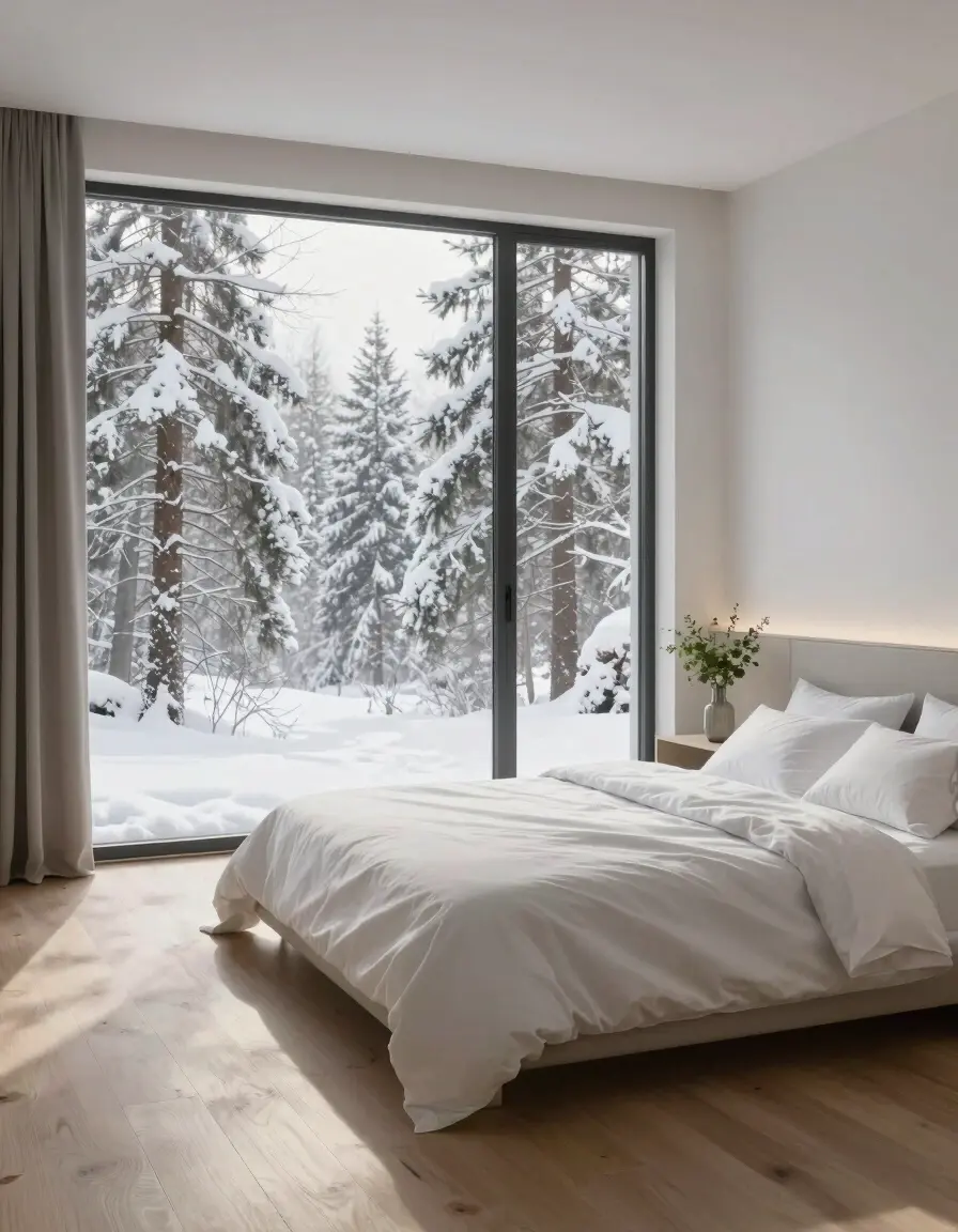 A peaceful bedroom with a large window showing a snowy forest, a white bed, and soft lighting.