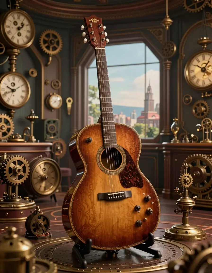 A steampunk-themed music room with a large, ornate guitar surrounded by mechanical parts and industrial elements.