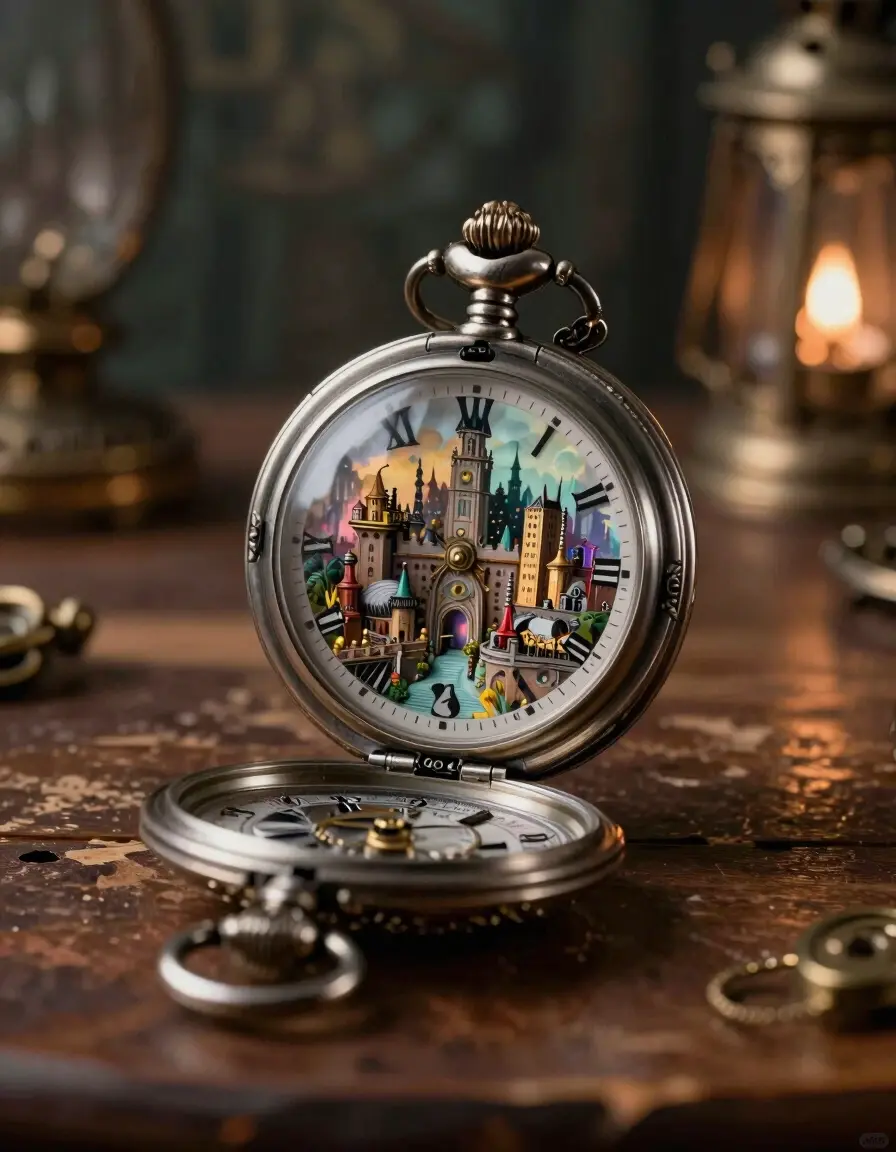 A pocket watch with a fantastical city inside, on a wooden table with warm lighting and blurred background elements.