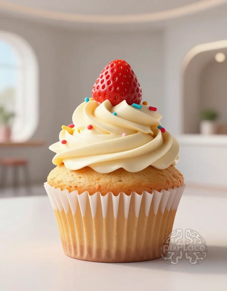 A delicious strawberry and vanilla cupcake with pink frosting and sprinkles, served in a pink wrapper.