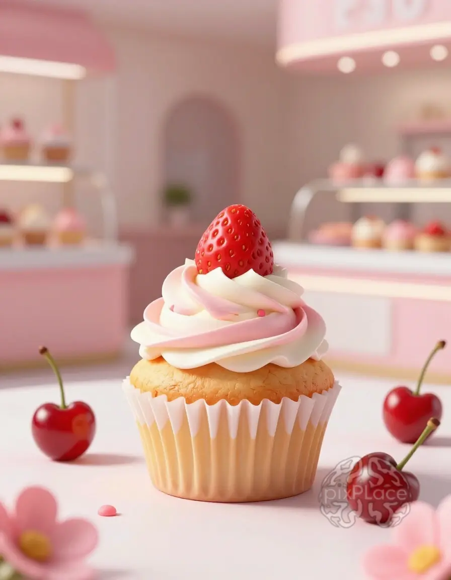 A delicious strawberry and vanilla cupcake with pink and white frosting, surrounded by fresh cherries and pink flowers.