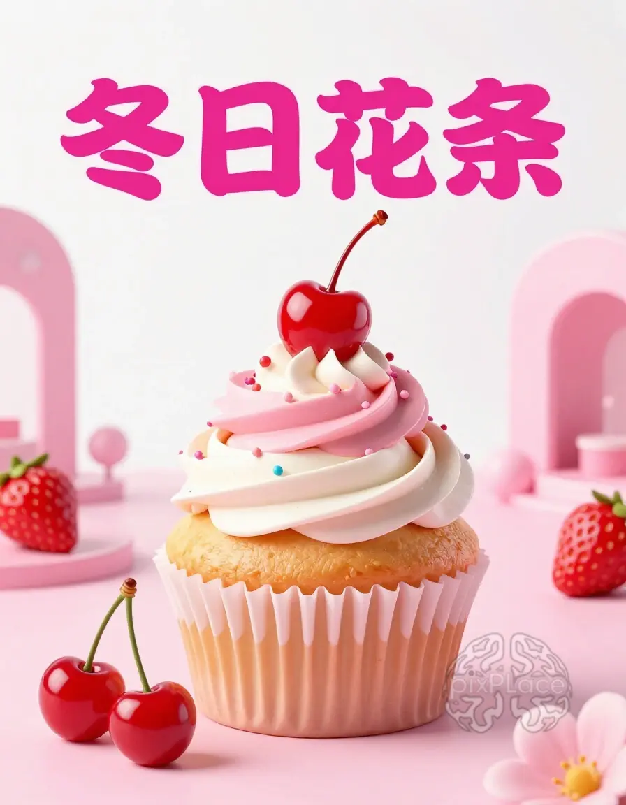 A delicious strawberry and vanilla cupcake with pink frosting, white drizzle, and decorative sprinkles.