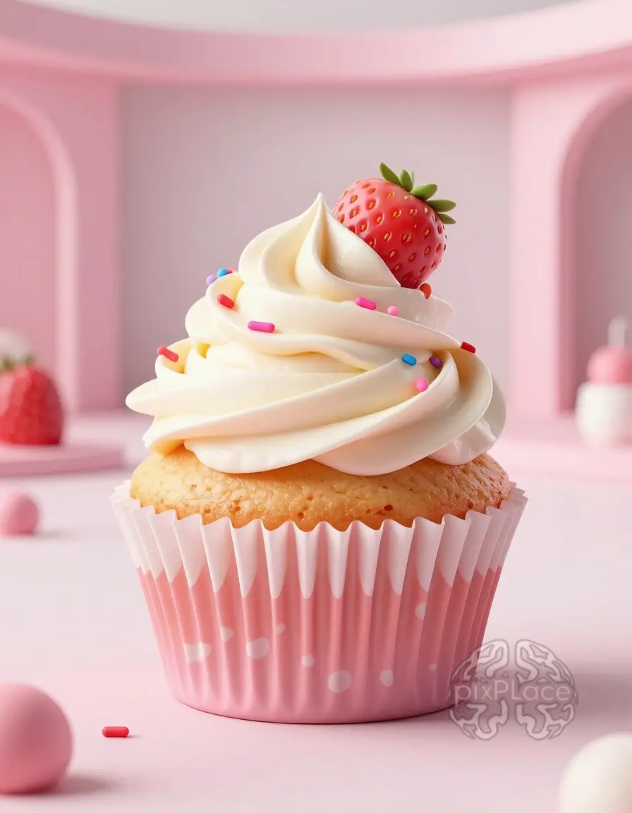 A delicious strawberry and vanilla cupcake with pink and white frosting, sprinkles, and a pink wrapper, accompanied by cherries and flowers.