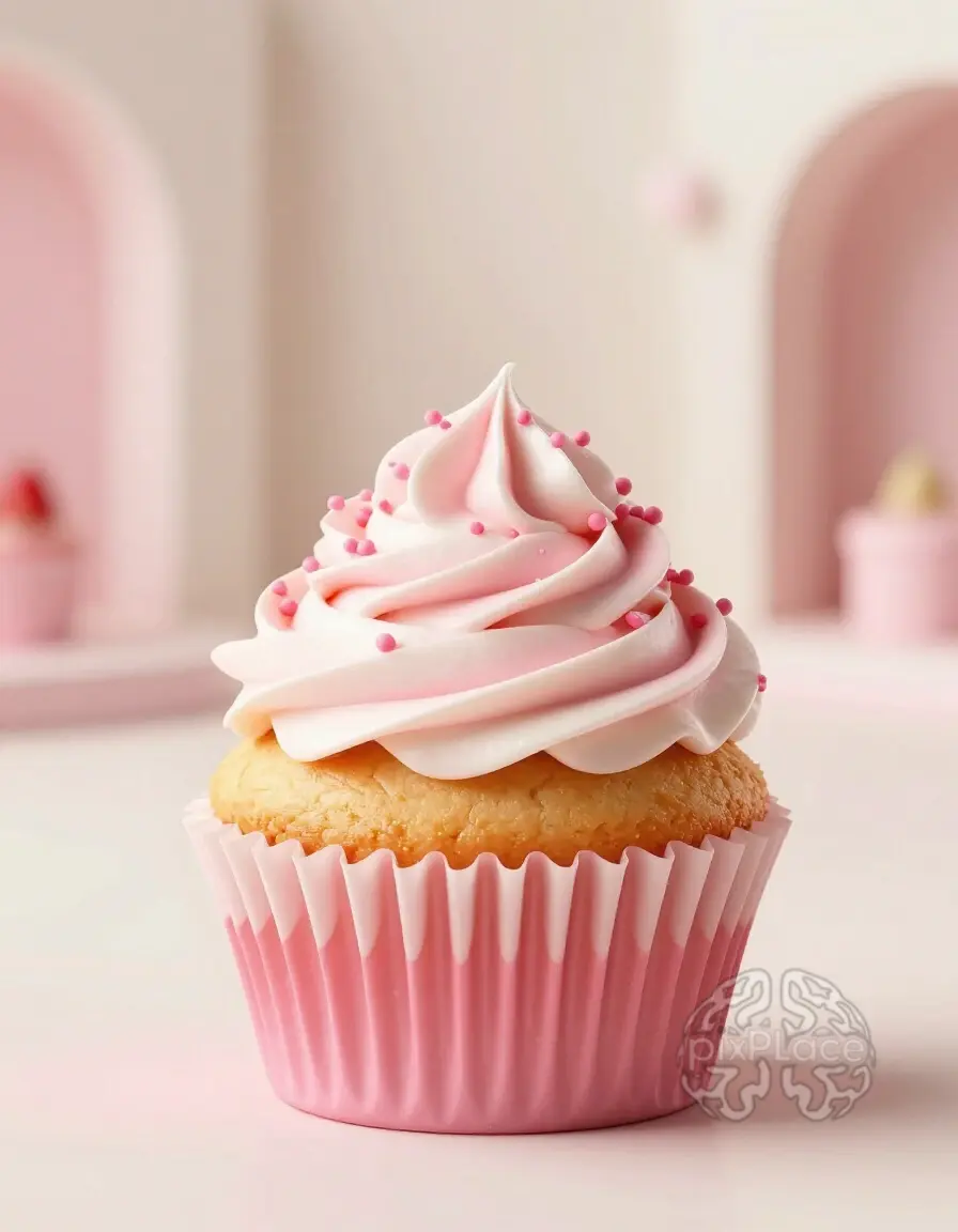 A delicious strawberry and vanilla cupcake with pink and white frosting and sprinkles