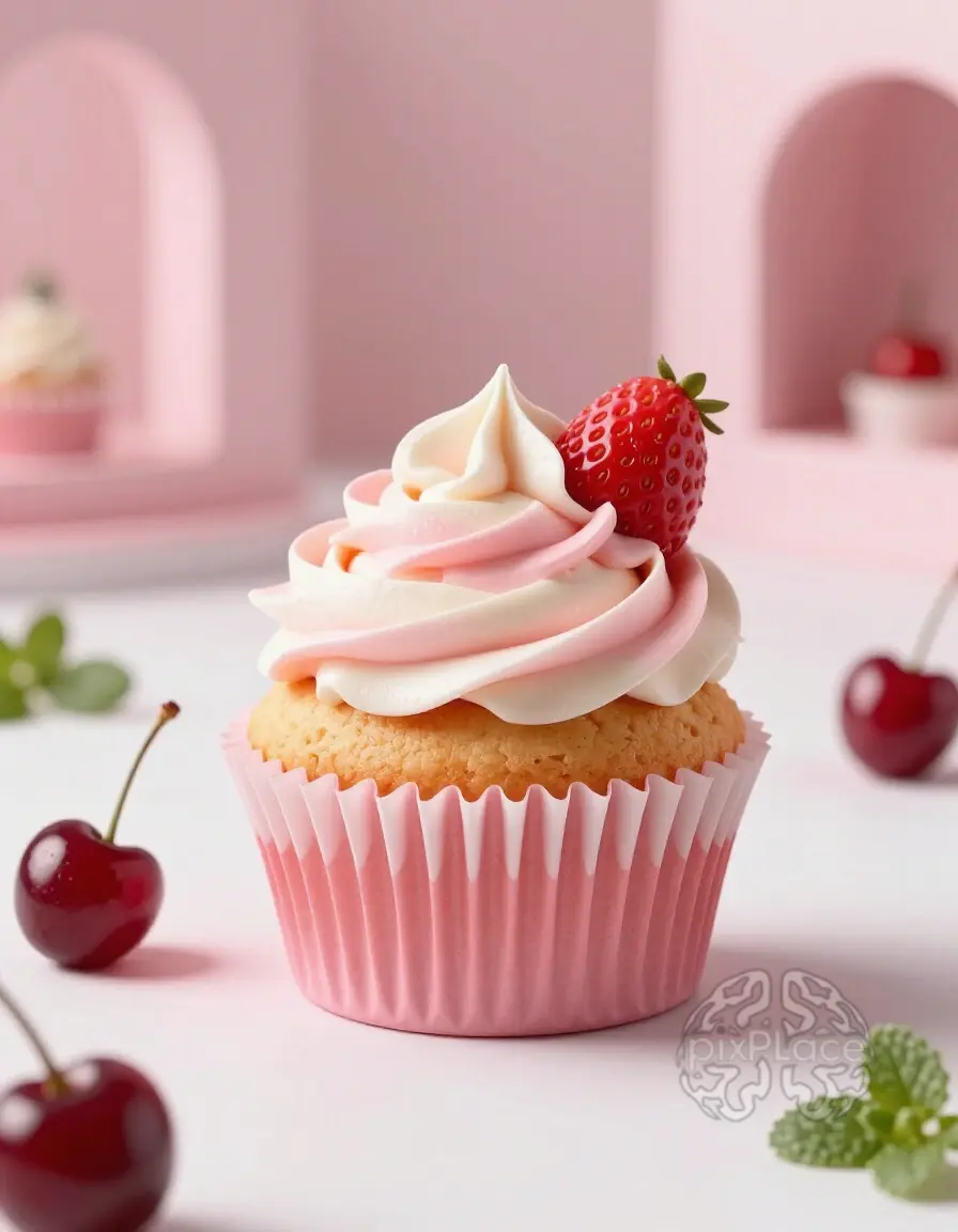 A strawberry and vanilla cupcake with pink and white frosting, topped with a cherry and surrounded by fresh cherries and flowers.