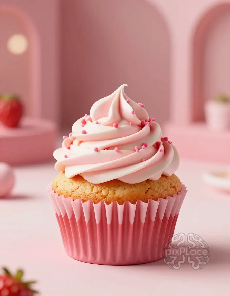 A strawberry and vanilla cupcake with pink and white frosting and pink sprinkles, in a deep pink wrapper.