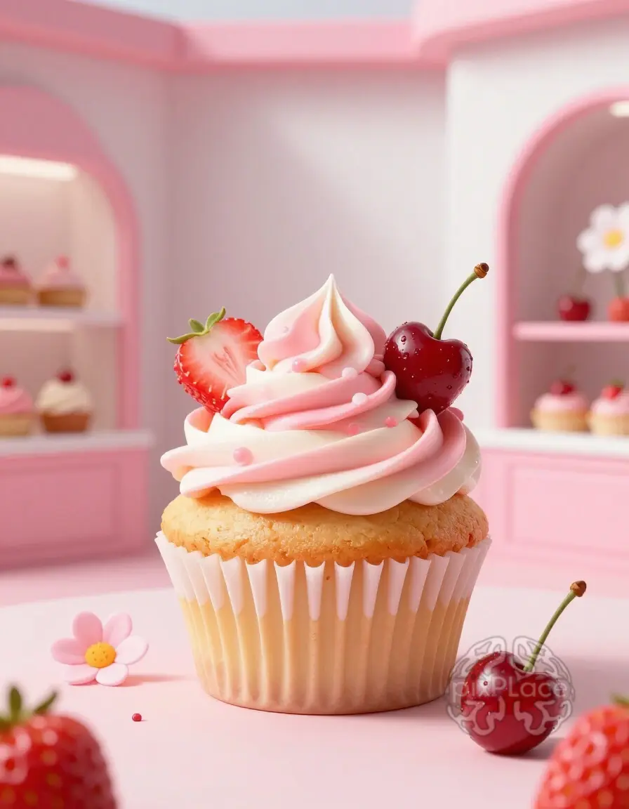 A cupcake with pink and white frosting, surrounded by cherries and flowers, on a pink and white background.