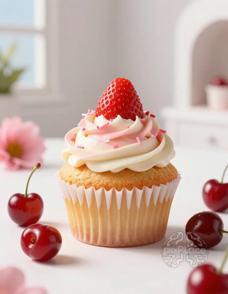 A delicious strawberry and vanilla cupcake with pink and white frosting, surrounded by cherries and flowers.