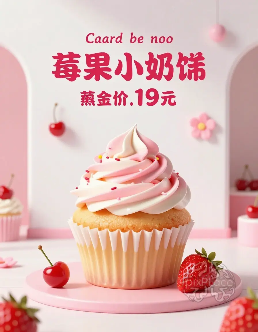 A visually appealing advertisement featuring a large strawberry and vanilla cupcake with pink and white frosting, surrounded by cherries and flowers