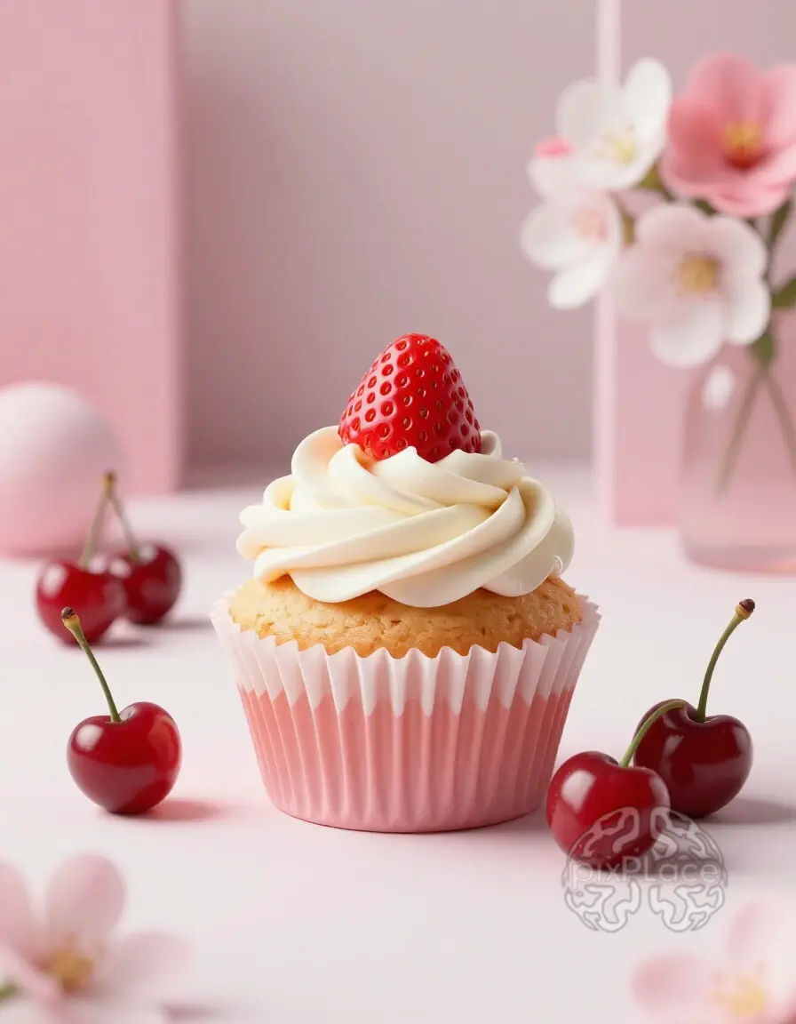 A delicious strawberry and vanilla cupcake with pink and white frosting, surrounded by fresh cherries and flowers.