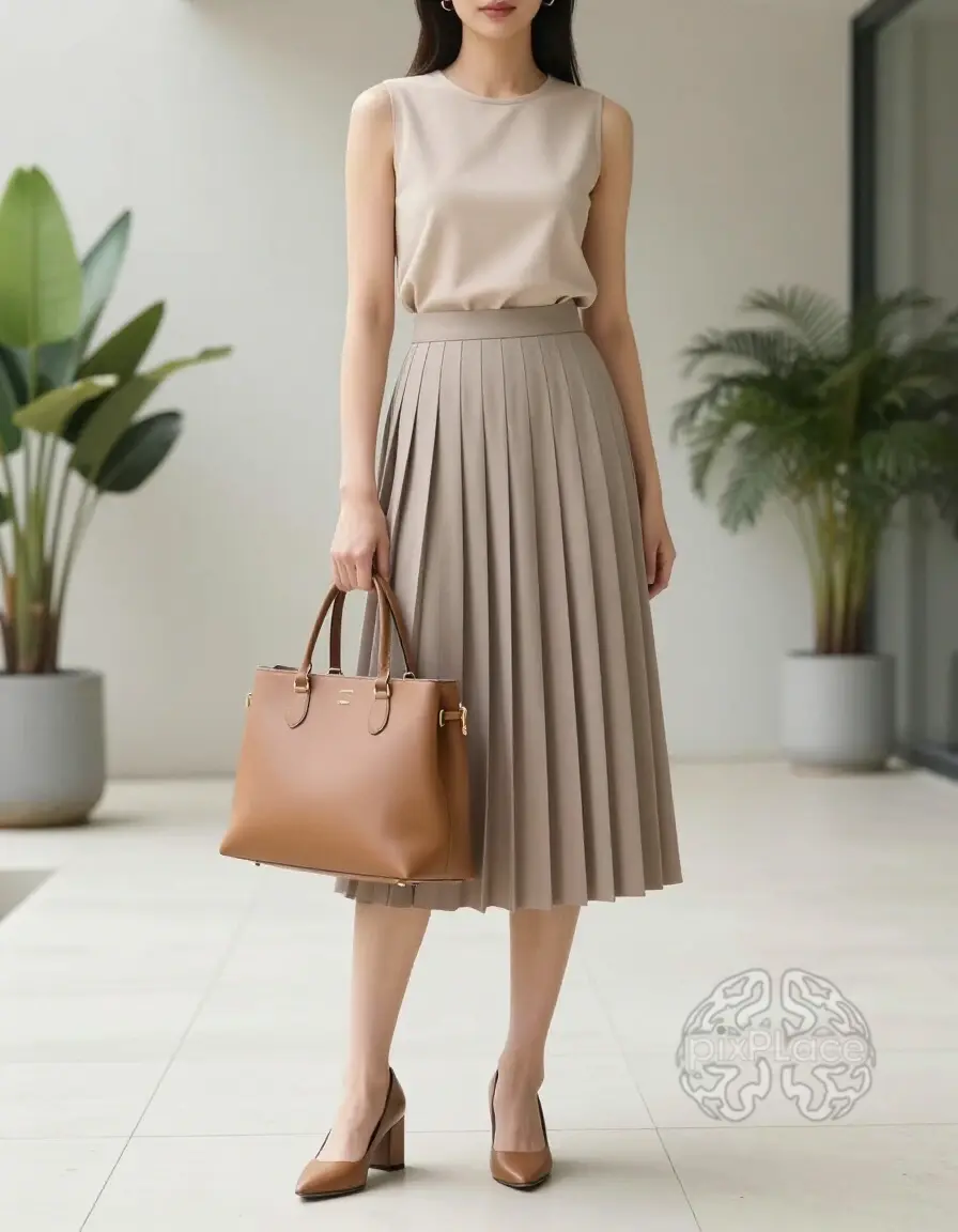 A woman wearing a beige sleeveless top and pleated midi skirt, carrying a tan tote bag and wearing block heels, exemplifying a chic and comfortable summer look.