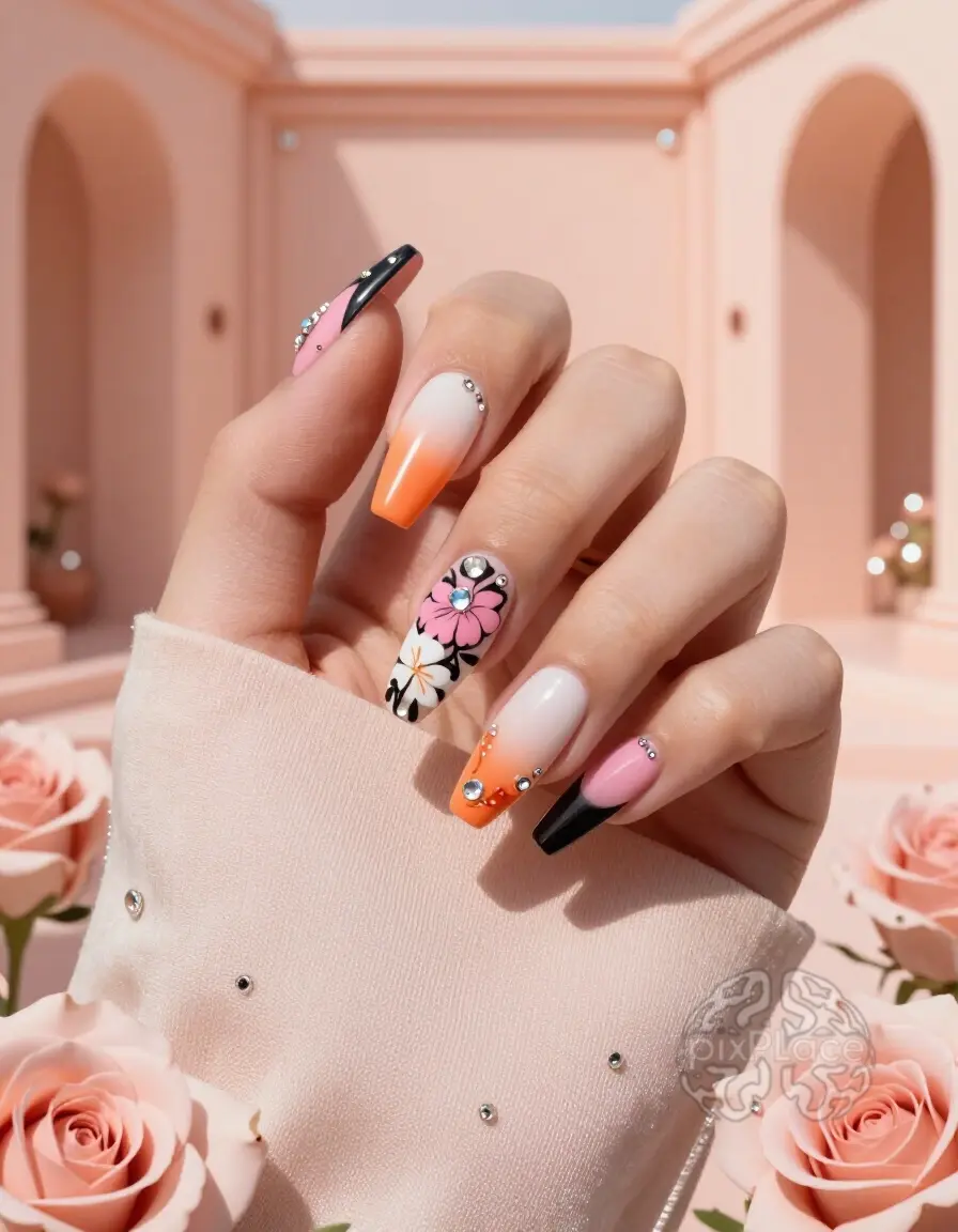 A woman's hand showcasing summer-themed nail art with floral patterns and rhinestones against a peach-colored background.