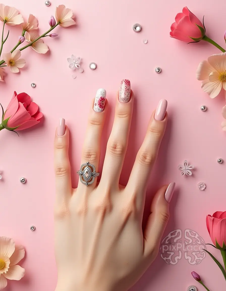 Elegant nail art designs for summer, featuring floral patterns and rhinestones on a soft pink background.
