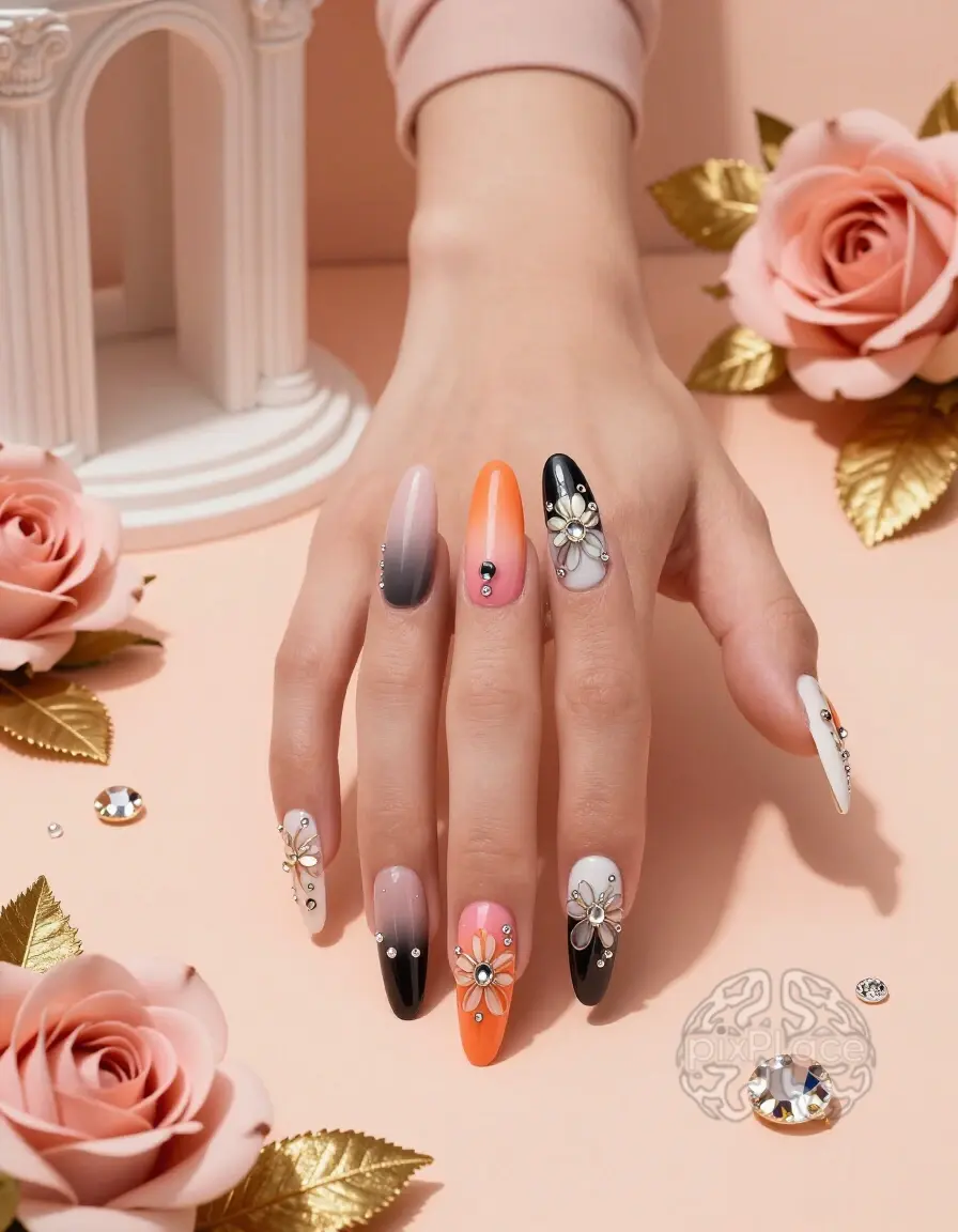 A woman's hand with beautifully designed nails, surrounded by decorative flowers and rhinestones, set against a peach background.