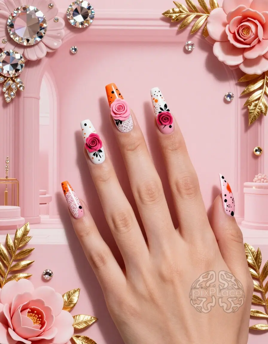 A woman's hand with elaborate nail art, featuring roses and lace, against a soft pink background with decorative elements.