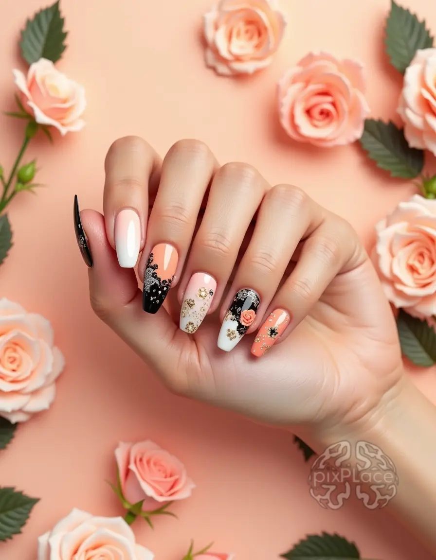 A woman's hand with beautifully designed nails, surrounded by peach roses and decorative elements, set against a soft peach background.