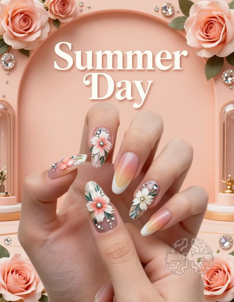 A woman's hand with beautifully manicured nails showcasing summer-inspired designs, surrounded by decorative elements and typography.
