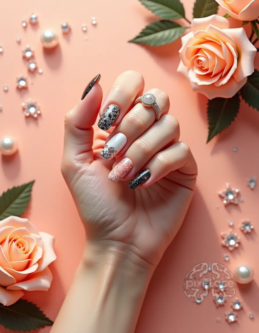 A woman's hand showcasing beautifully designed nails with various summer-themed patterns and decorations.