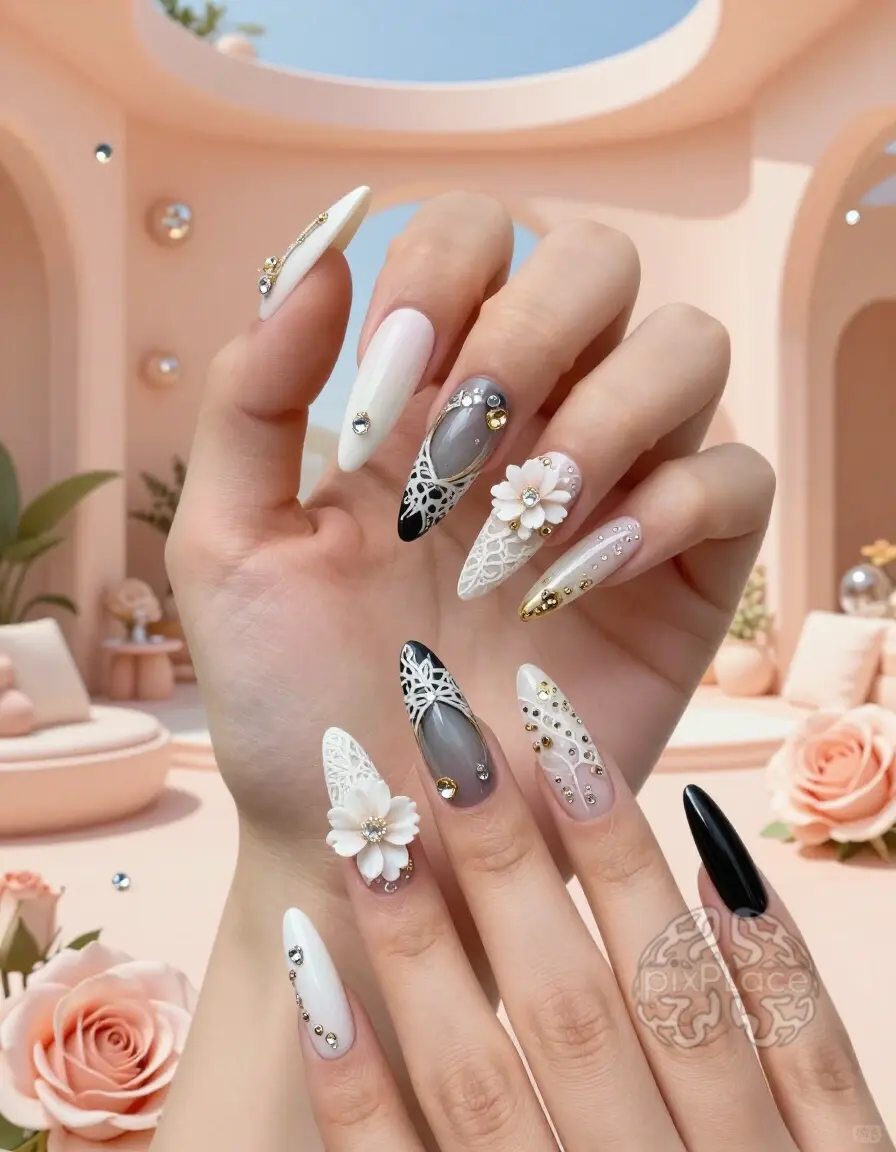 Elegant nail art featuring floral designs and luxury embellishments on a peach background with decorative roses and rhinestones.