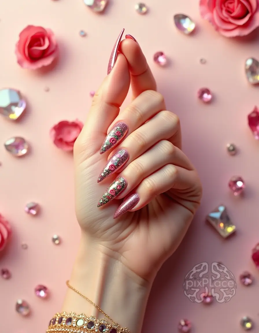 A woman's hand with elaborate nail art, surrounded by roses and jewels on a pastel background.