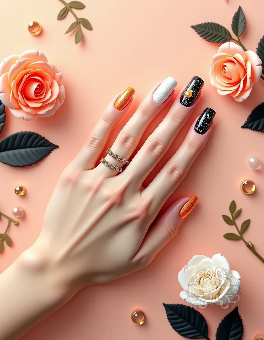 A woman's hand with intricately designed nails, surrounded by decorative elements such as roses and gems, set against a soft peach background.