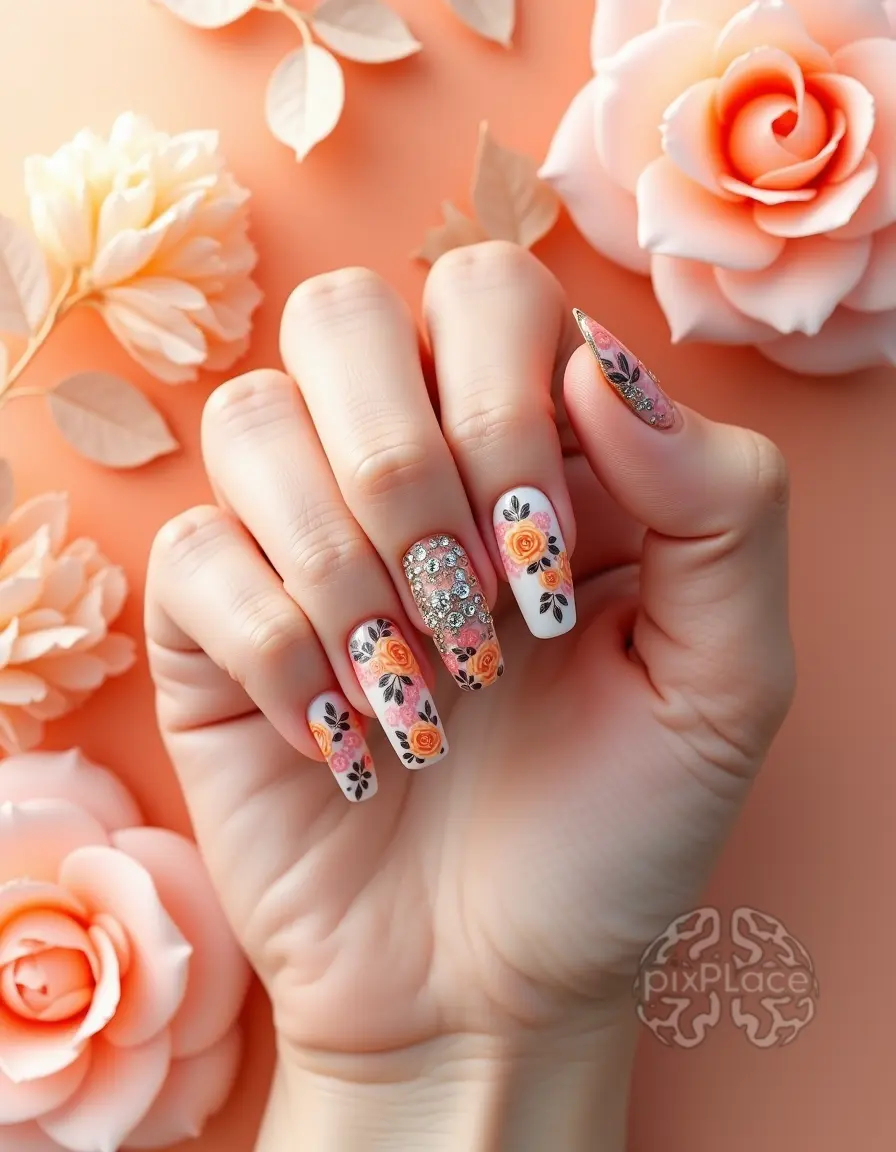 A woman's hand with intricately designed nails, featuring floral motifs and rhinestones, against a soft peach background with decorative roses and leaves.
