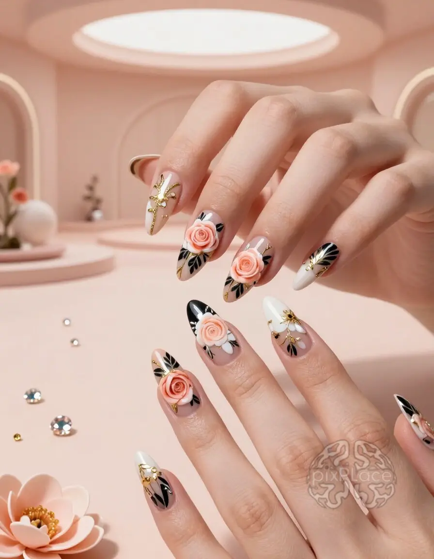 Elegant nail art featuring floral motifs and rhinestones on a peach-colored background