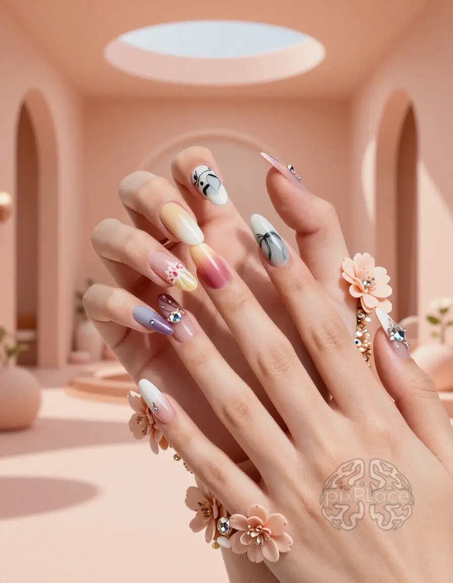 A woman's hand with beautifully designed nails, surrounded by rhinestones and 3D flowers on a peach background.