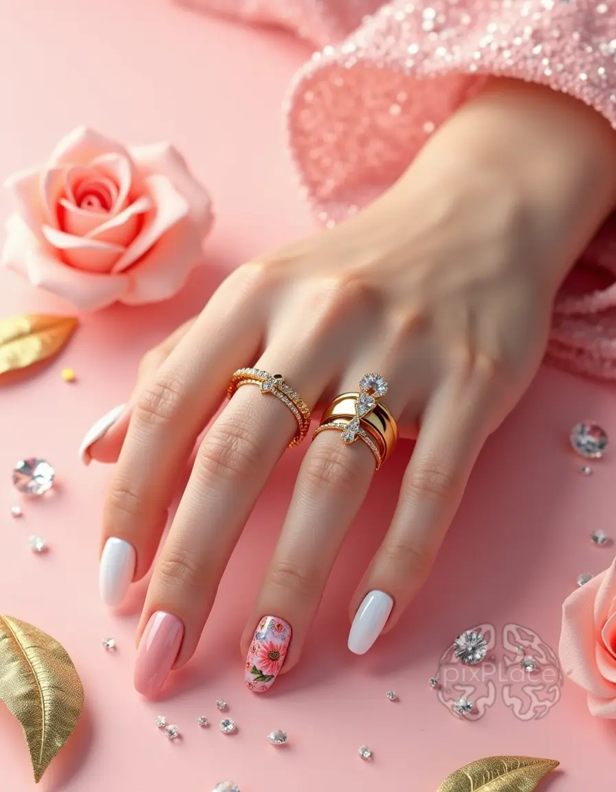 A woman's hand showcasing nail art with floral designs and rhinestones on a pink background.