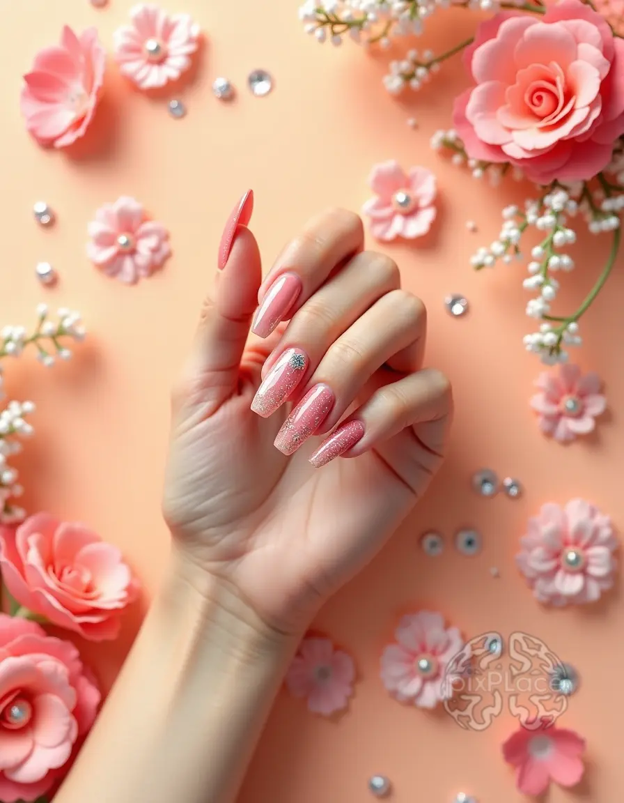 Woman's hand with elegantly designed nails on a peach background with floral arrangements and rhinestones.