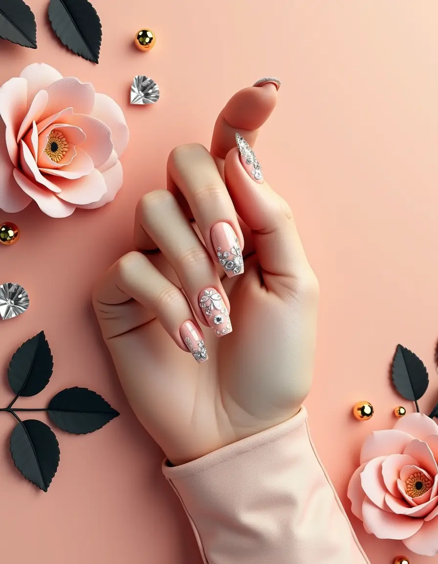 A woman's hand with beautifully designed nails, surrounded by decorative flowers and diamonds on a peach background.