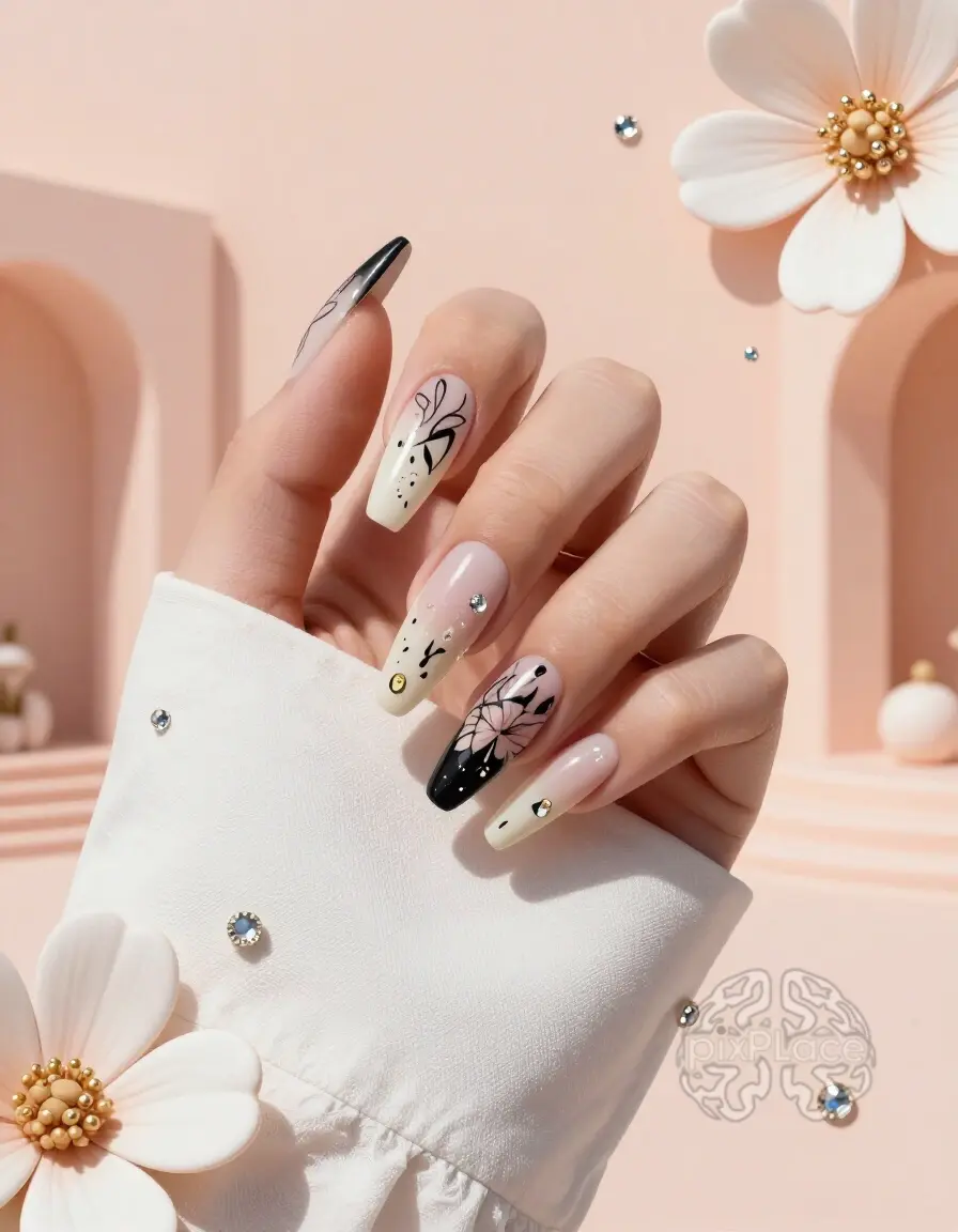 A woman's hand with beautifully designed nails, surrounded by floral elements and rhinestones on a peach background.