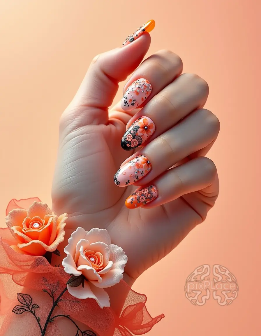 Woman's hand with intricately designed nails featuring floral motifs and decorative elements