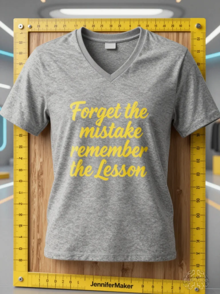 T-shirt with Forget the mistake remember the lesson quote and yellow t-shirt rulers on a wooden surface