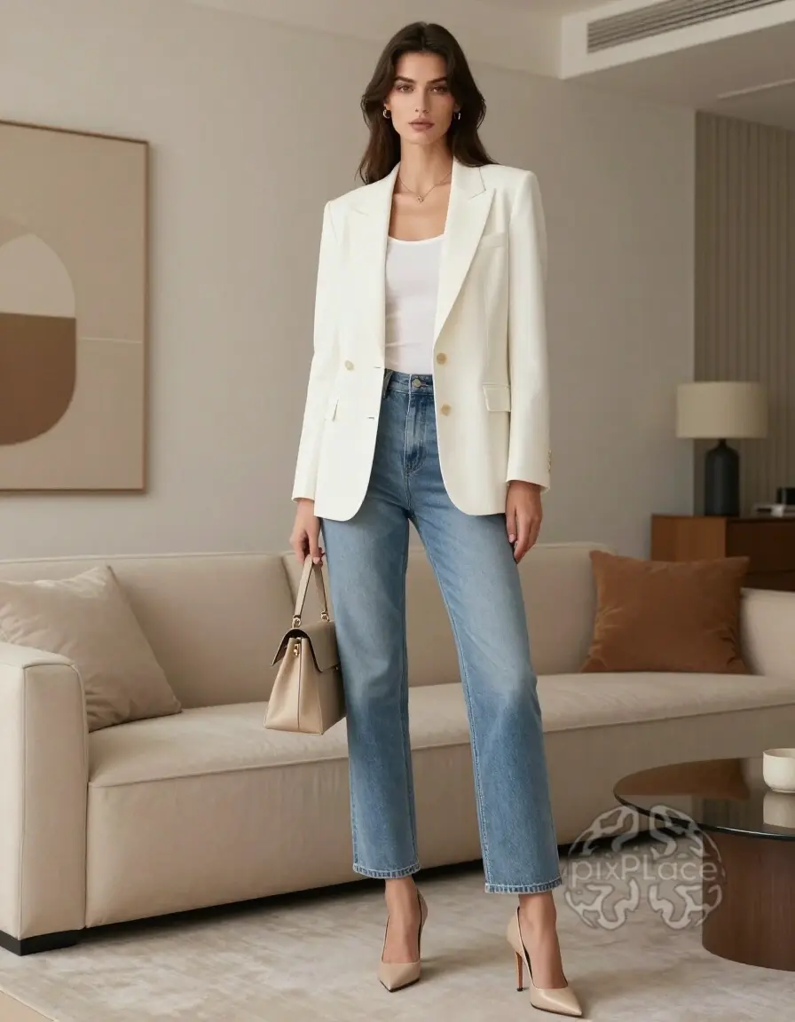 Tall woman in a white blazer and high-waisted jeans, showcasing fashion tips for tall girls with a focus on stylish, elongating outfits.