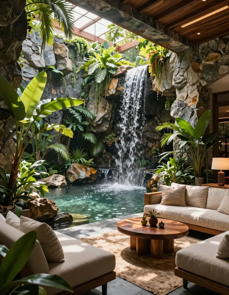 A serene indoor tropical oasis with a small pond, waterfall, and lush greenery, surrounded by natural stone walls and a wooden ceiling with skylights.