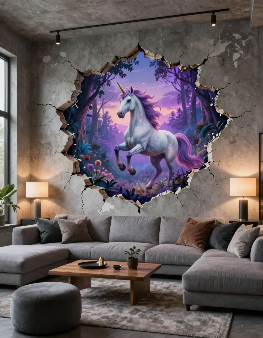 A modern living room with a large unicorn mural on the wall, gray sofa, and wooden coffee table.