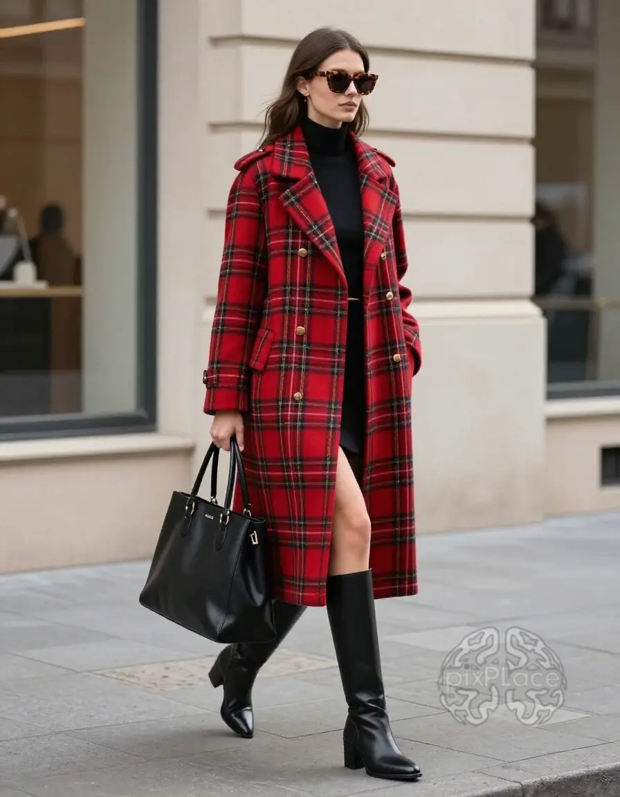 Woman in red plaid coat walking on sidewalk
