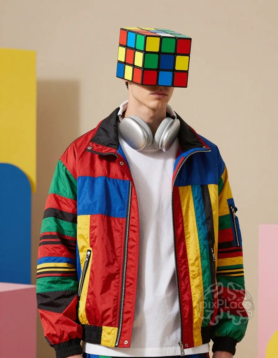 A young man wearing a colorful jacket and a Rubik's Cube as a helmet, posing in front of a beige background with geometric shapes.