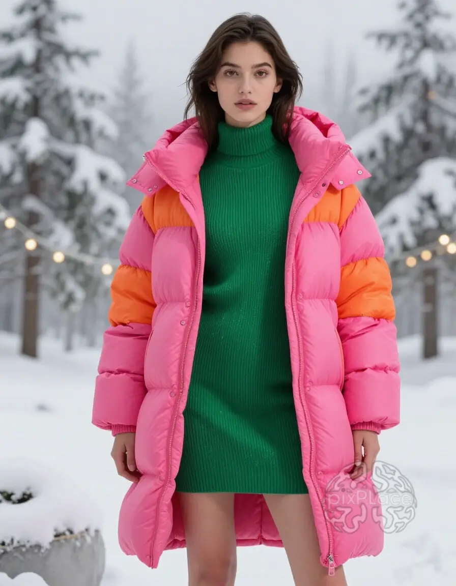 Young woman wearing a bright pink and orange puffer coat over a green knit dress, standing in a snowy landscape with glowing string lights.