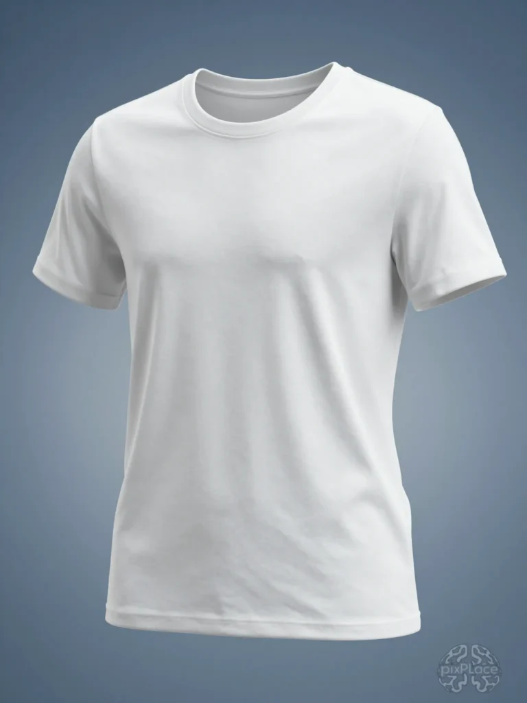 White T-shirt on a mannequin against a blue gradient background
