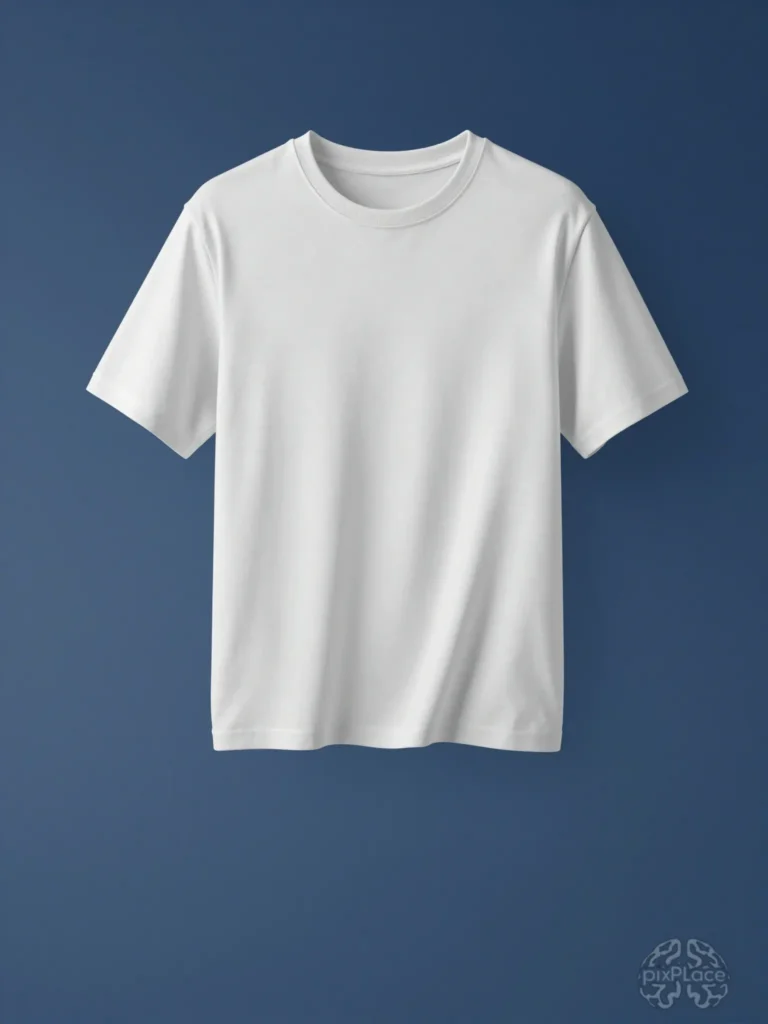 White short-sleeved T-shirt mockup centered on a gradient blue background with subtle fabric wrinkles and soft shadow effect.