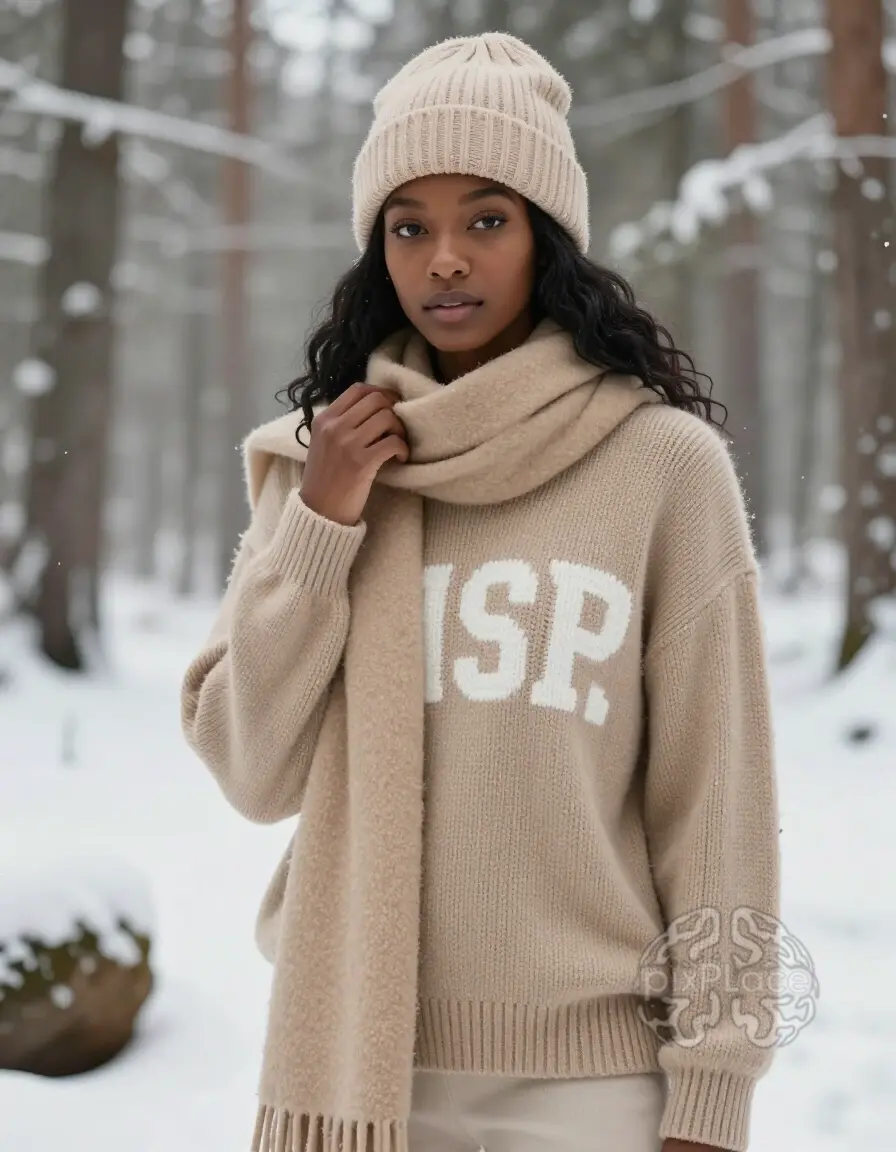A Black woman wearing a beige knit sweater and matching accessories stands in a snowy forest.