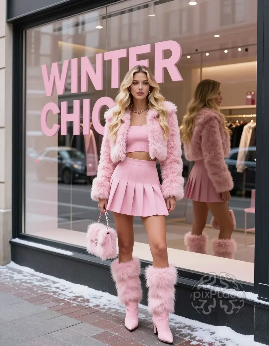 Young woman in pink fuzzy jacket and boots standing in front of a store window with 'WINTER CHIC' display.