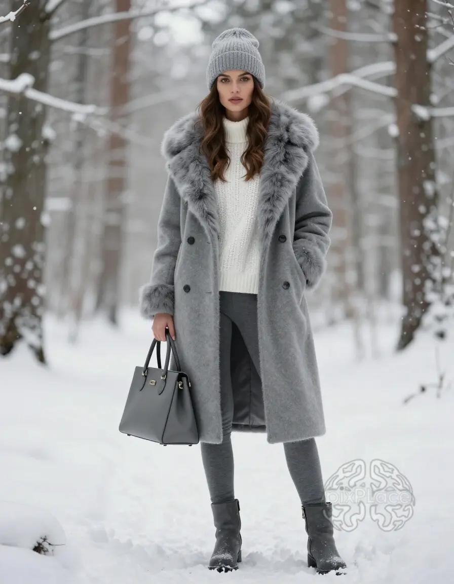 Woman in grey coat and beanie standing in snowy forest