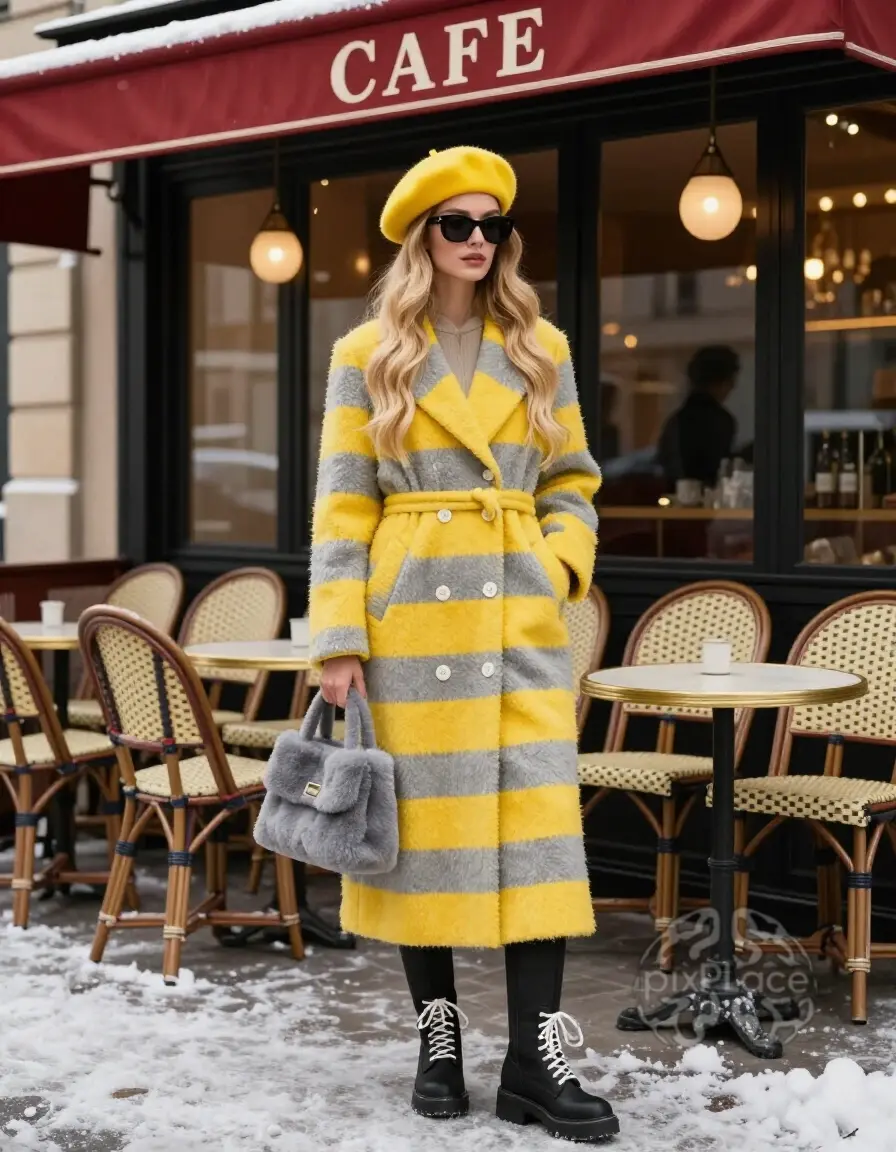 Woman in yellow and gray striped coat standing outside a Parisian cafe