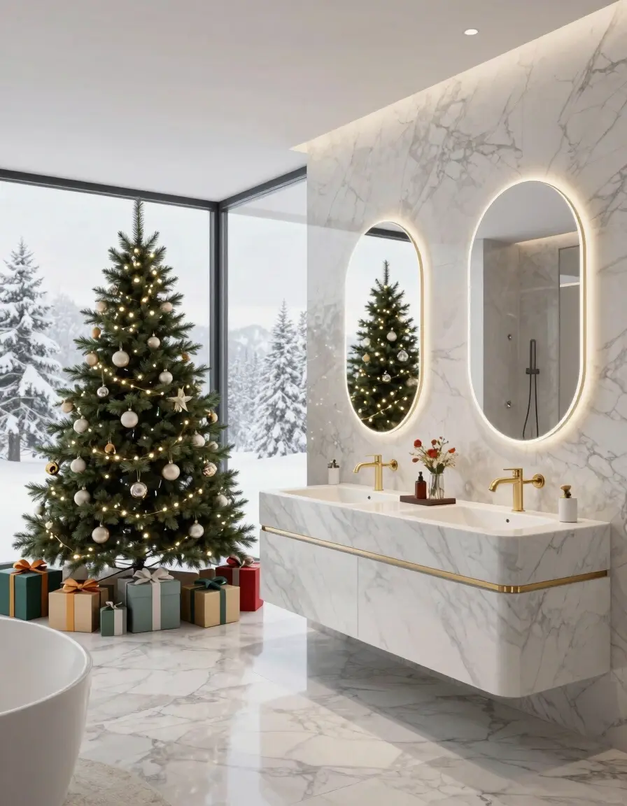 A modern bathroom with a Christmas tree, white marble sink, and gold fixtures, overlooking a snowy scene.