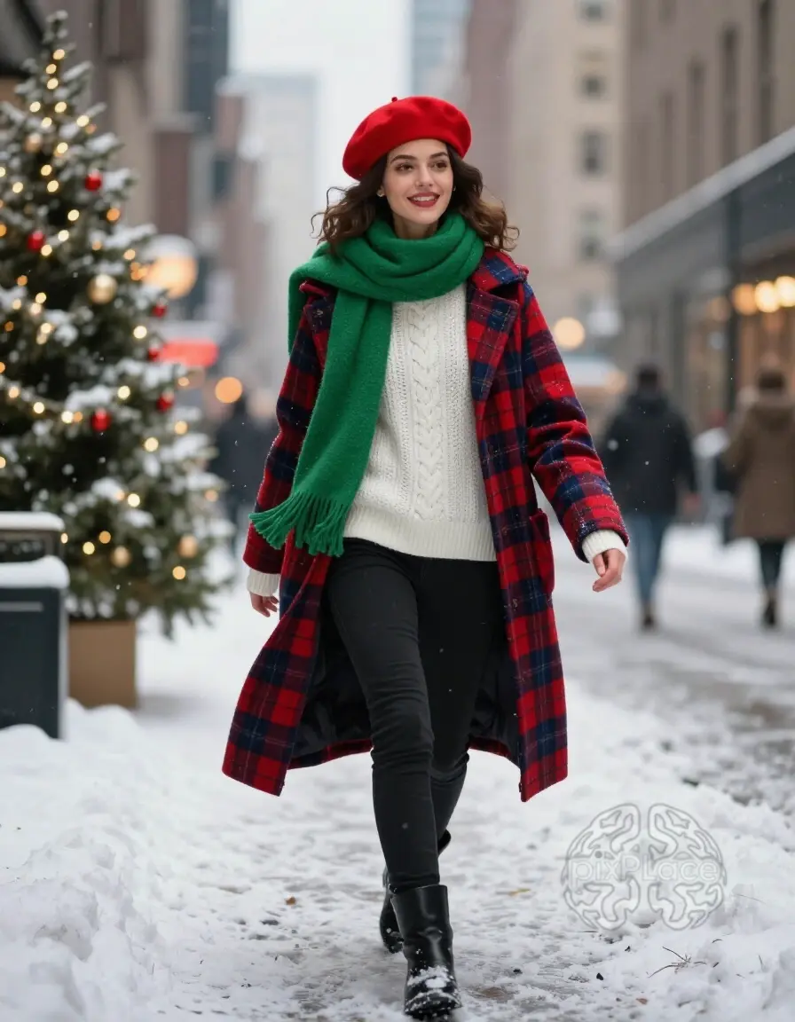 Woman in red beret and green scarf walking down a snowy street in New York during Christmas.