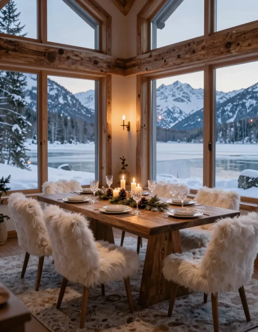 A warm and inviting winter dining room with a large wooden table set for dinner, surrounded by white fluffy chairs, and large windows showcasing a serene snowy landscape.
