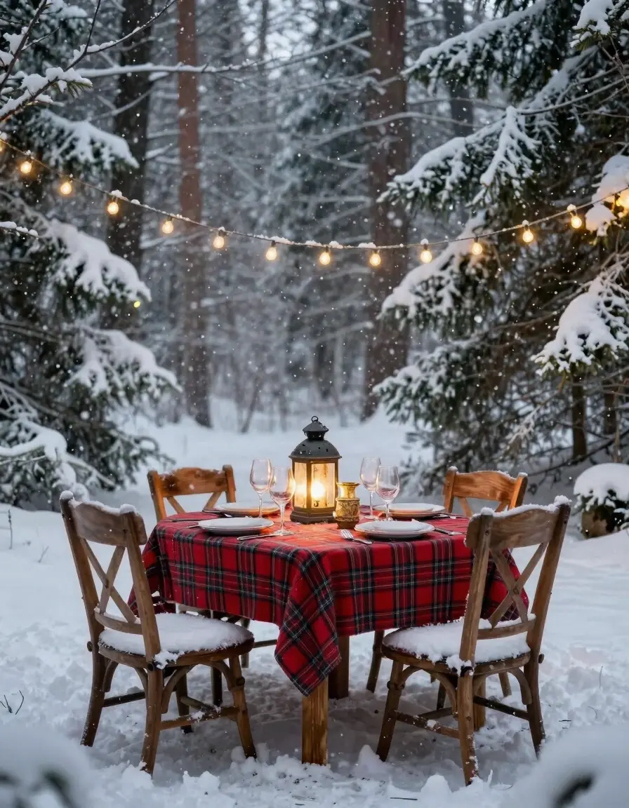 Outdoor winter dining scene with festive table setting and snow-covered surroundings.